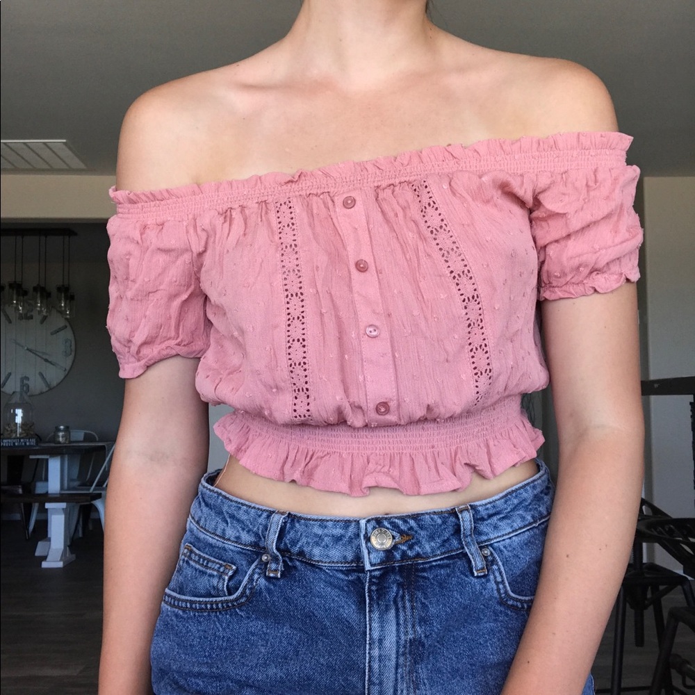 Pink Ruffled Off the Shoulder Crop Top